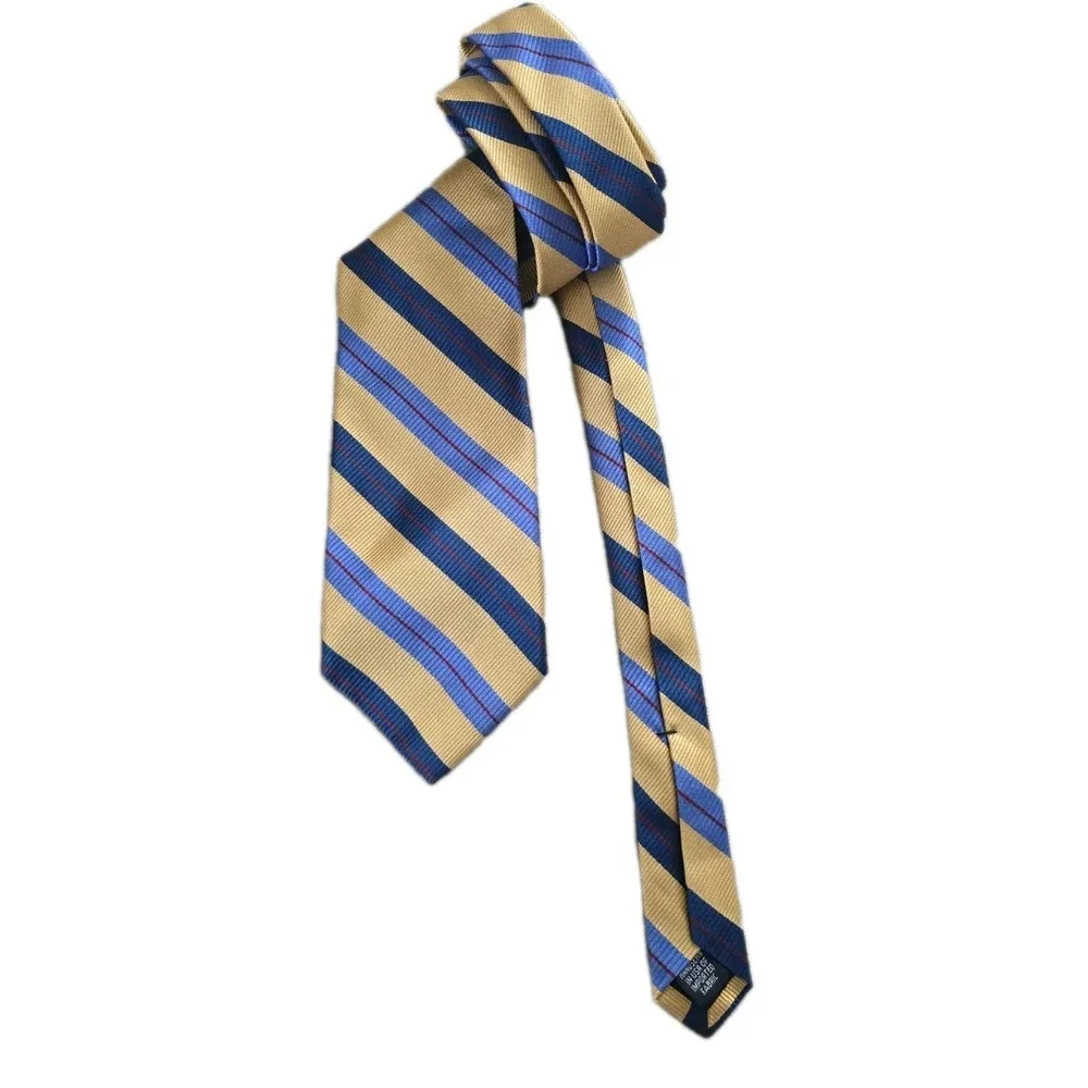 Landsend Men Necktie Yellow & Blue Striped‎ 100% Silk Classic Preppy Formal Tie